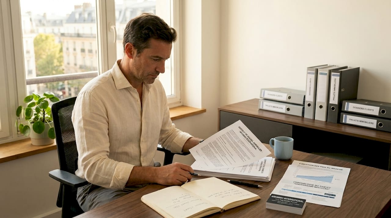 Un homme passe en revue des dossiers immobiliers dans son bureau.