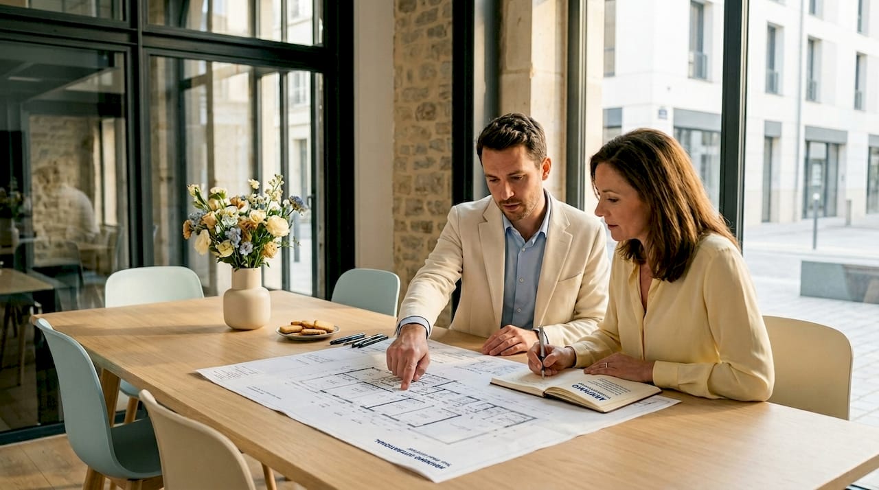 Deux experts analysent ensemble les plans d’un projet immobilier.