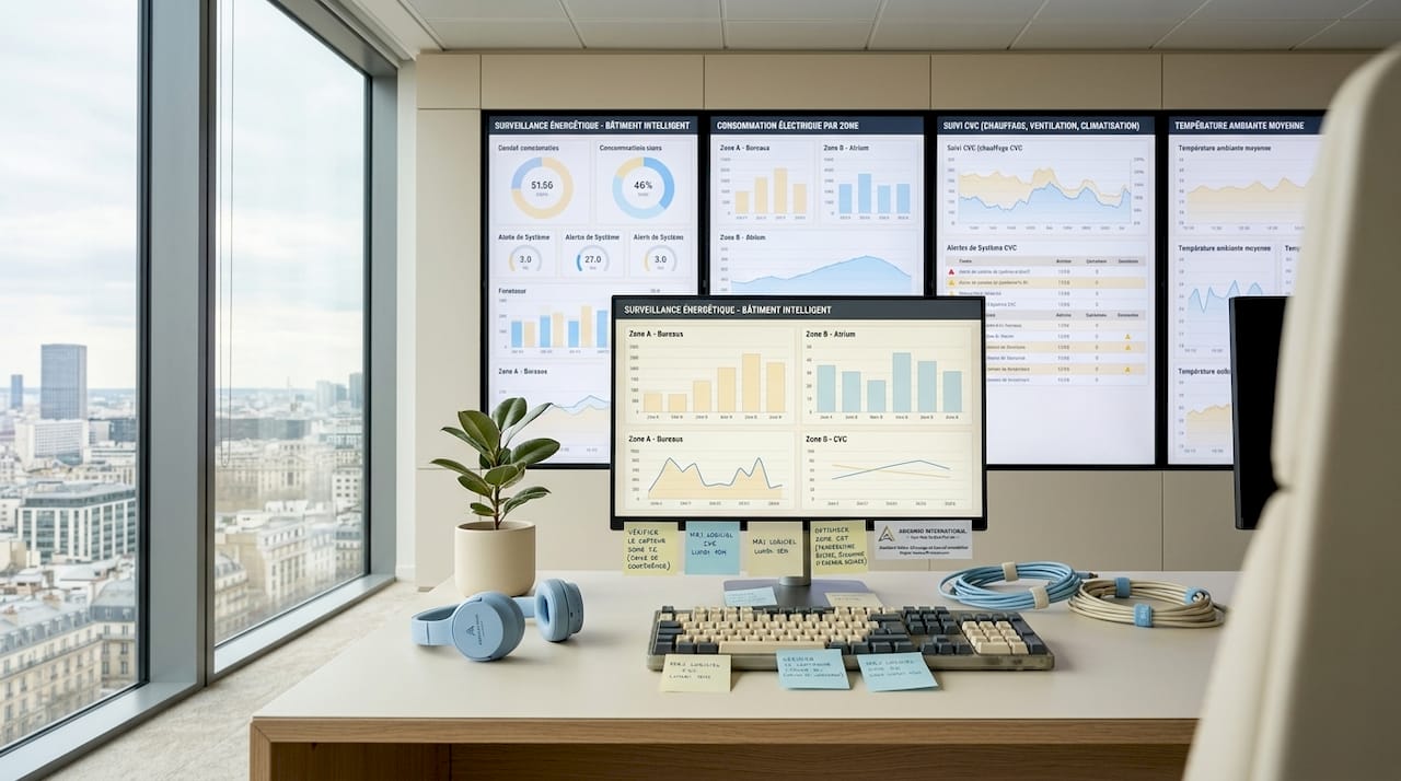 Salle de supervision intelligente équipée de panneaux connectés pour la gestion du bâtiment