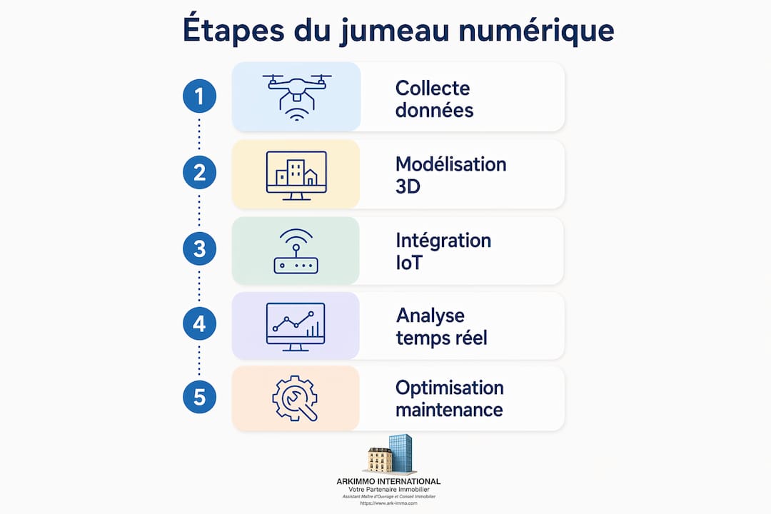 Infographie présentant les différentes étapes du fonctionnement d’un jumeau numérique