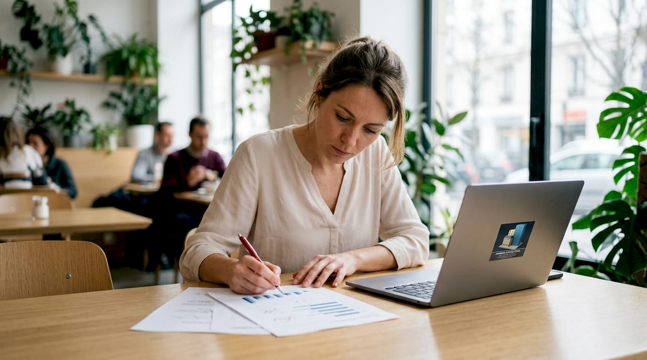 Des mains en train de prendre des notes sur un rapport de performance financière dans le secteur immobilier.