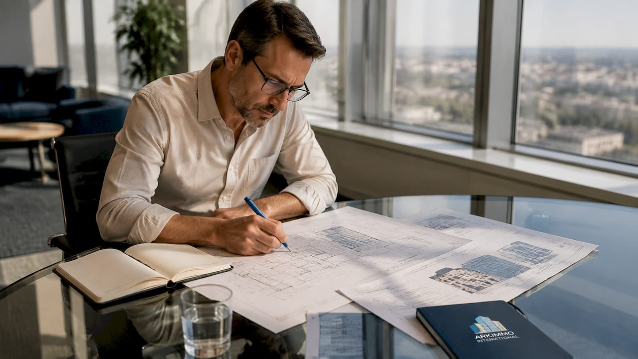 Un responsable examine les plans de mise en service du bâtiment.