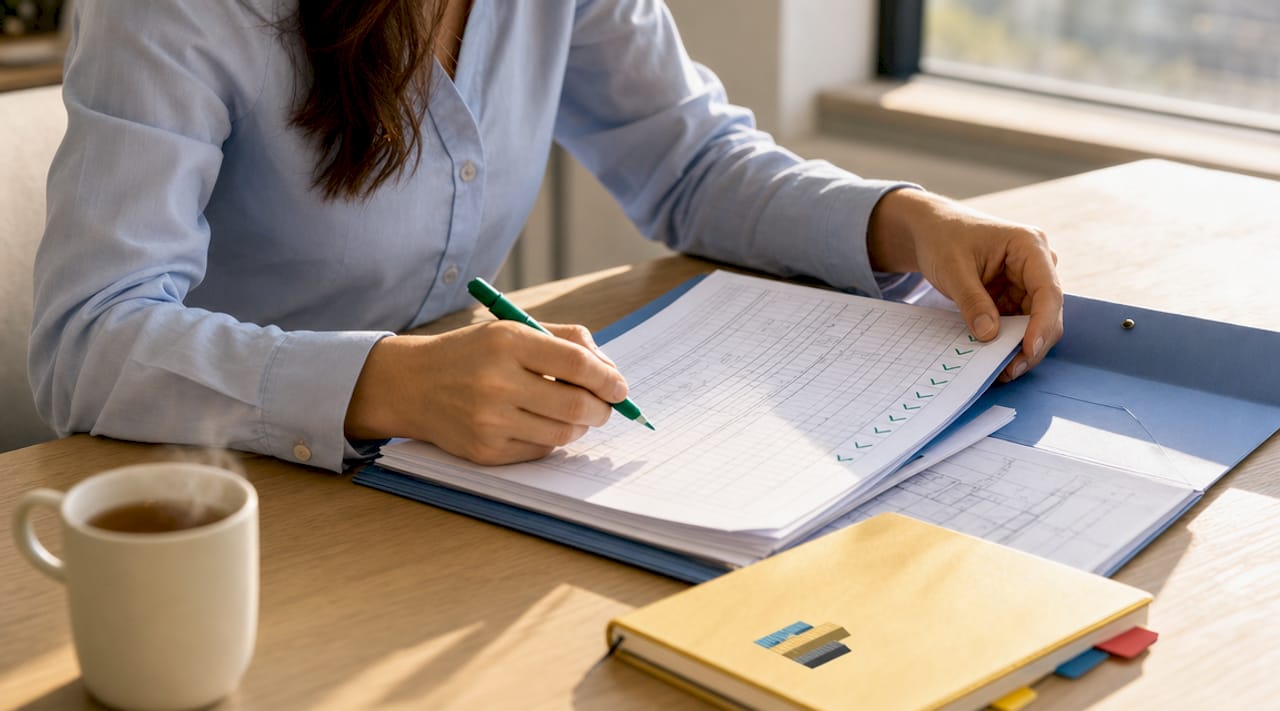 Vue de dessus d’un ingénieur en train de cocher la liste de contrôle pour la mise en service