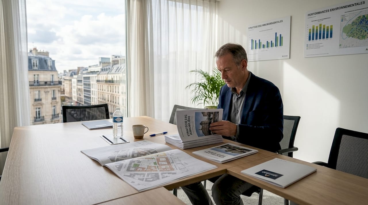 Un gestionnaire immobilier en pleine analyse des documents liés aux critères ESG