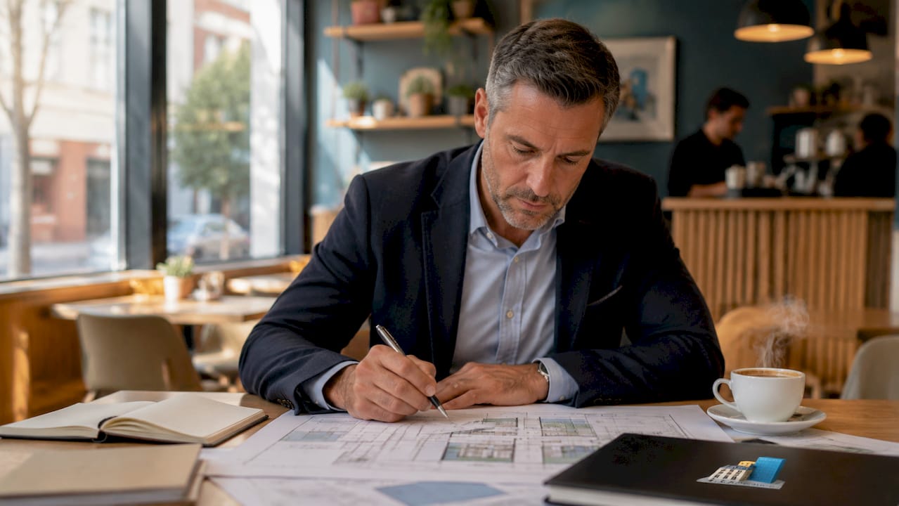 Un expert AMO passe en revue les plans dans un bureau contemporain.