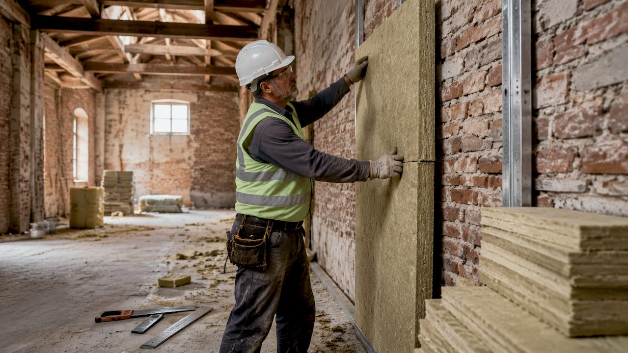 Un artisan procède à la pose de l’isolation thermique dans un bâtiment.