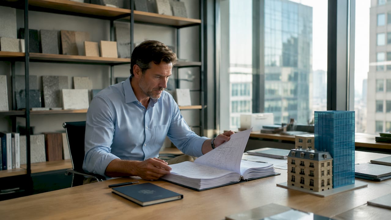 Un investisseur passe en revue un dossier dans son bureau.
