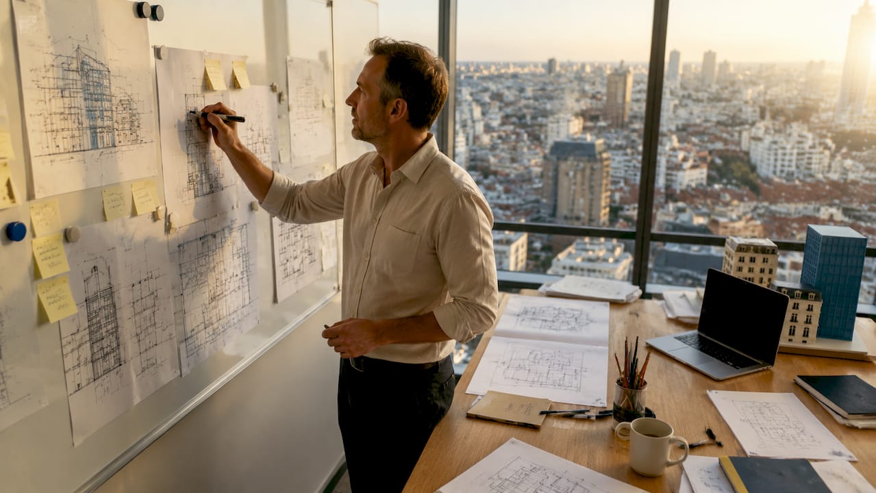 Un chef de projet en train d’étudier des plans immobiliers