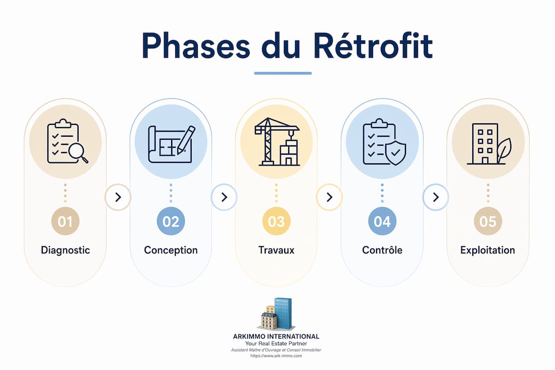 Schéma visuel présentant les étapes incontournables d’un projet de rénovation immobilière
