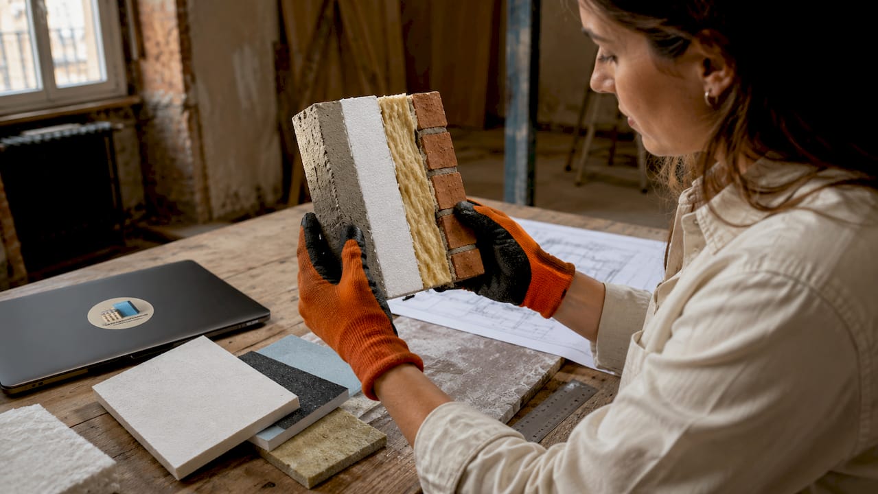 Des mains examinent un échantillon d’isolant destiné à la construction.