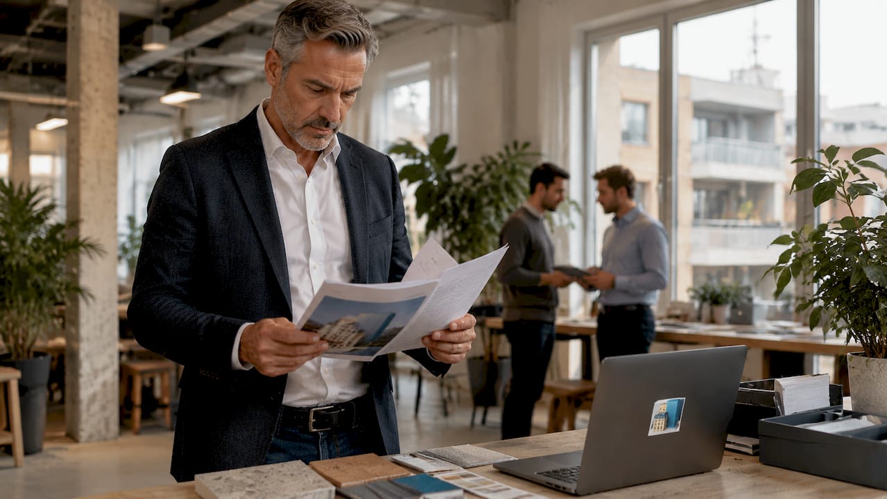 Un expert immobilier passe en revue un dossier dans son bureau, attentif aux moindres détails.