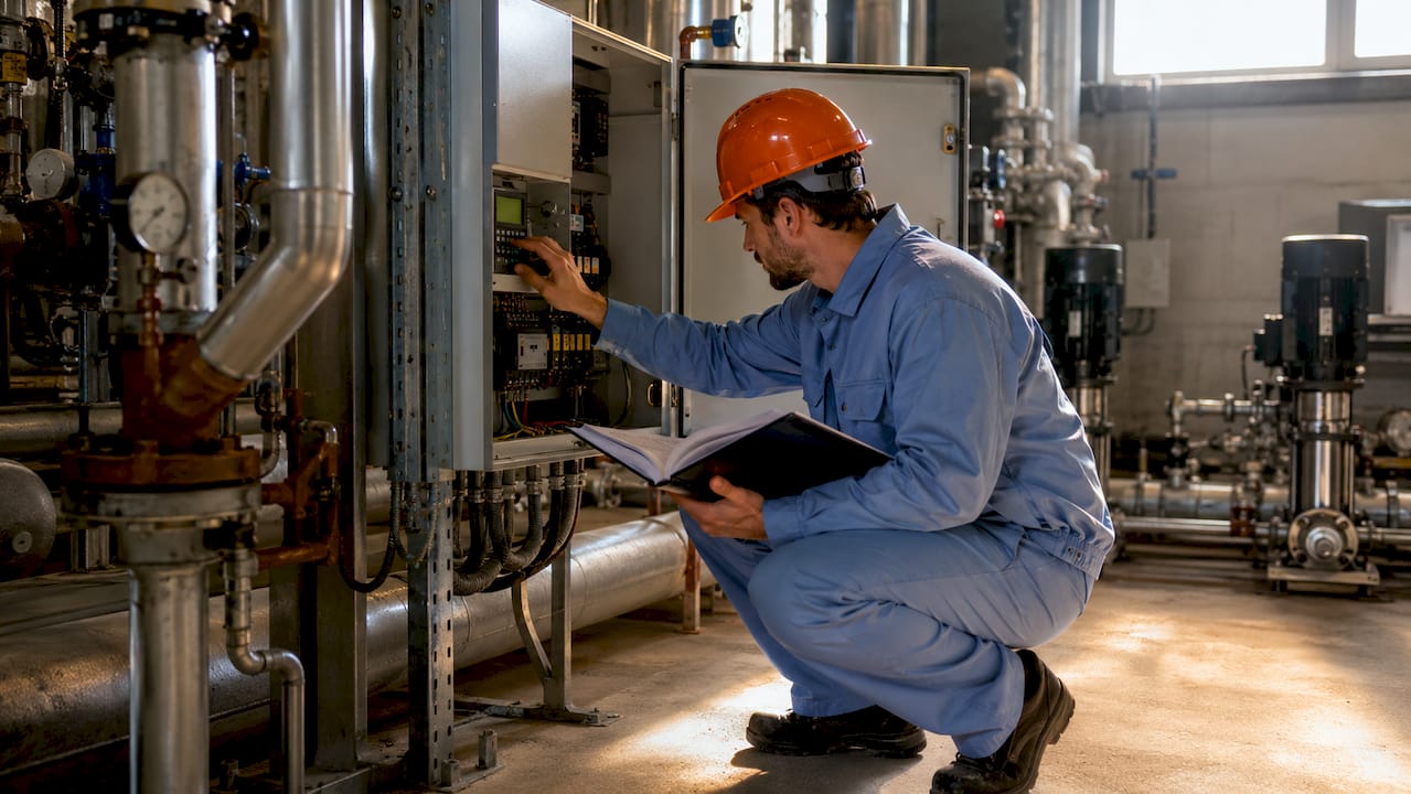 Un technicien procède à la vérification d’un système de gestion technique du bâtiment (GTB/BACS).