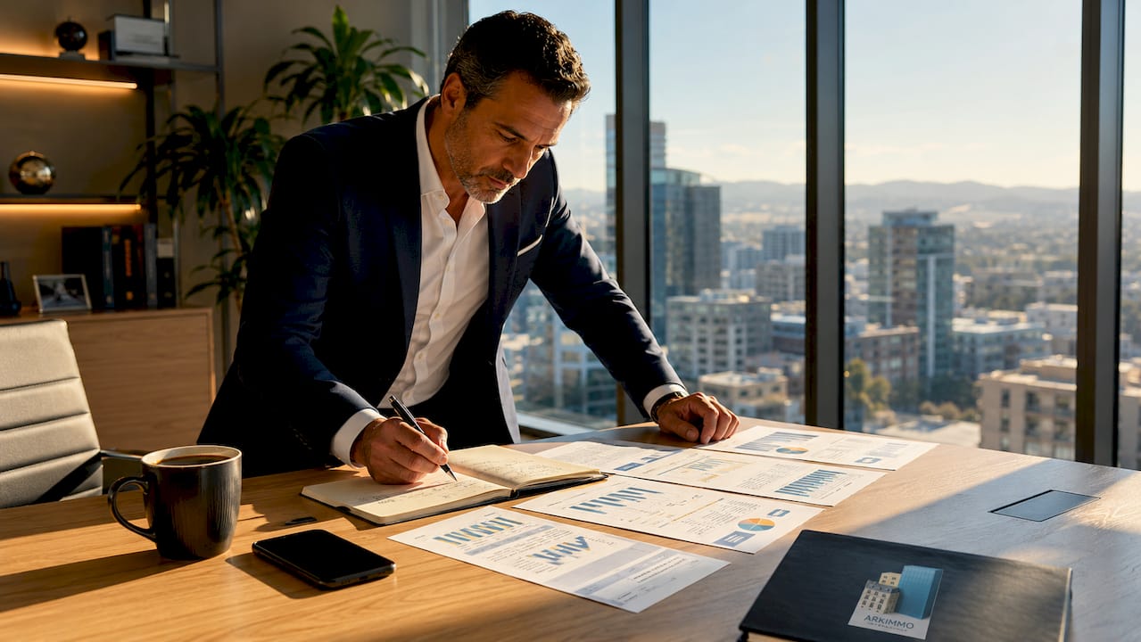 Un professionnel de l’immobilier analyse les dernières tendances du marché depuis son bureau, attentif aux chiffres et aux évolutions pour mieux accompagner ses clients.