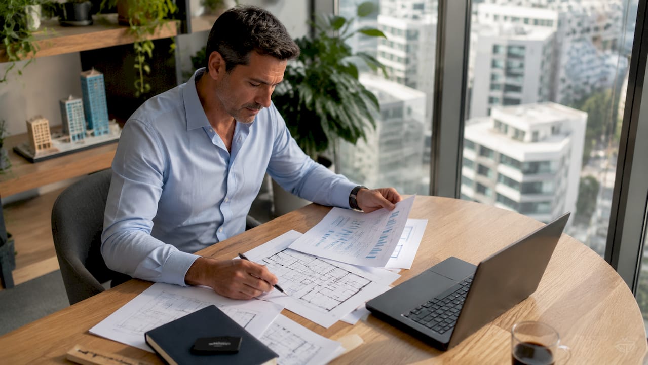 Un professionnel passe en revue des dossiers budgétaires liés à l’immobilier dans son bureau.