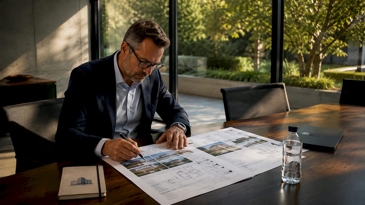 Un auditeur examine attentivement un rapport immobilier imprimé.