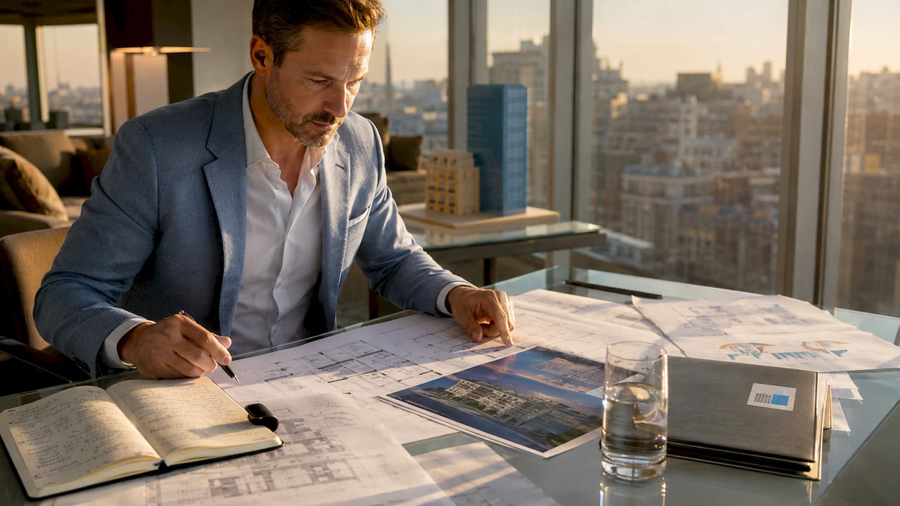 Un conseiller immobilier analyse des dossiers et passe en revue des rapports installés à son bureau.