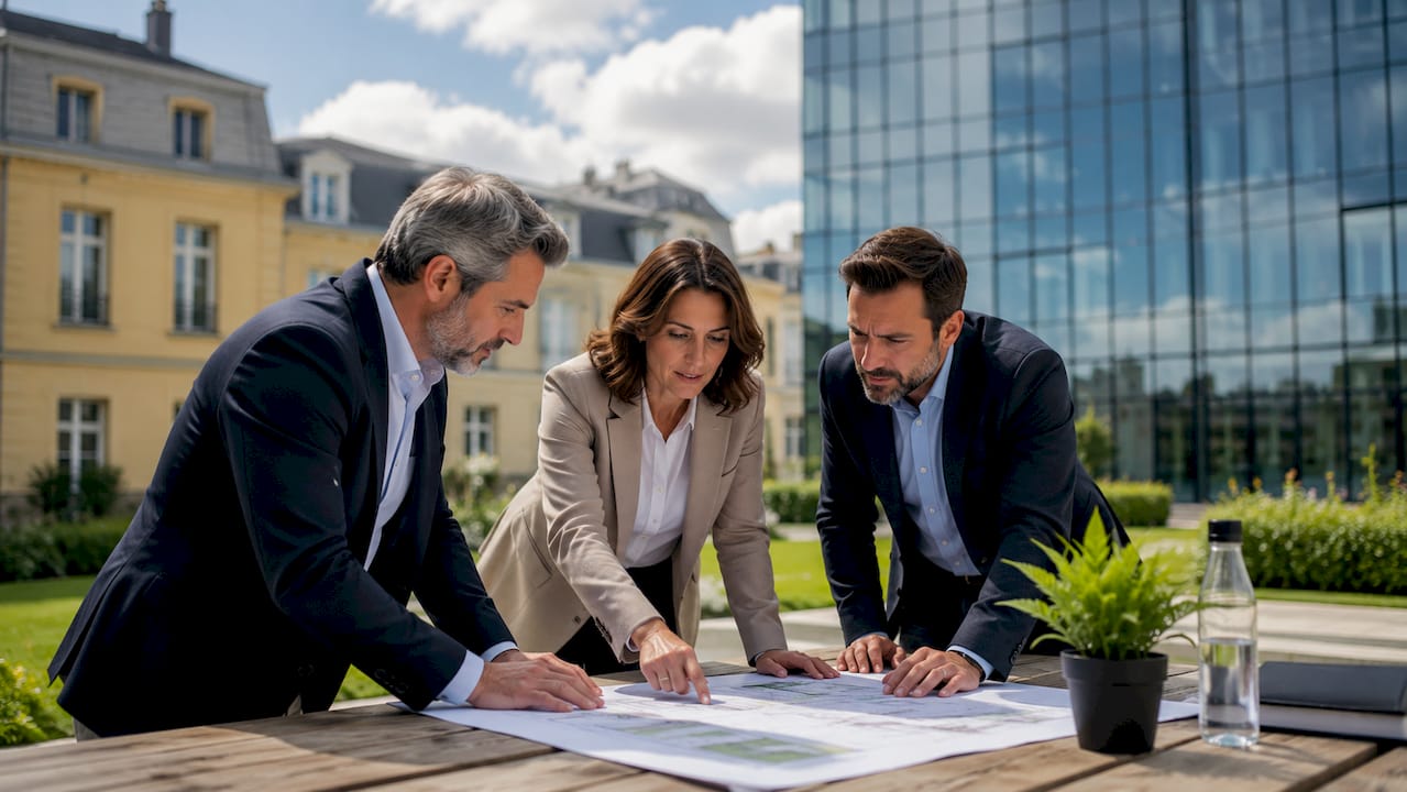 Des membres de l’équipe terrain échangent devant des bâtiments contemporains.
