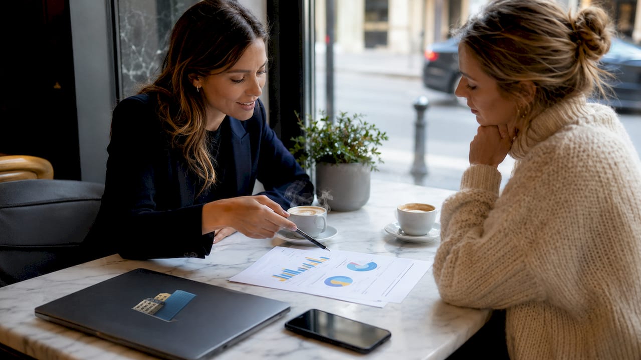 Deux femmes échangent autour de leurs projets immobiliers et partagent leurs astuces pour investir dans la pierre.