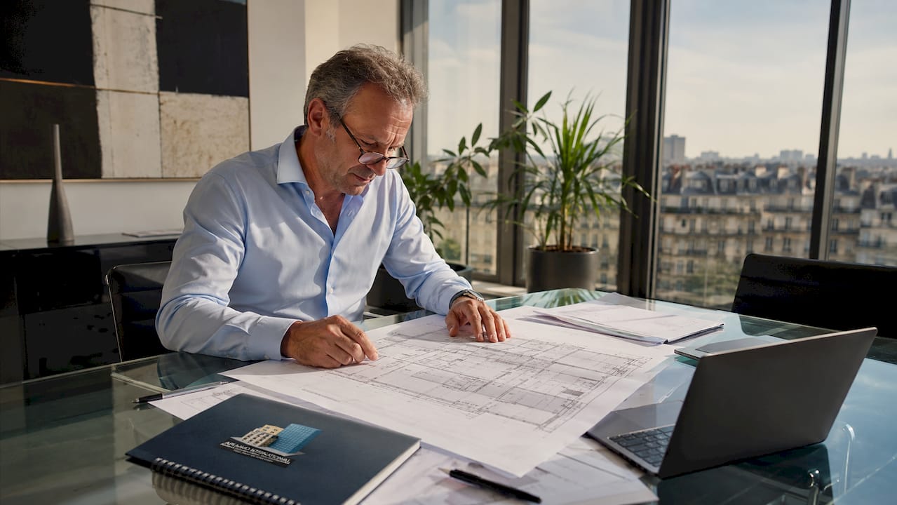 Un homme étudie des plans pour organiser les travaux au sein de son entreprise.