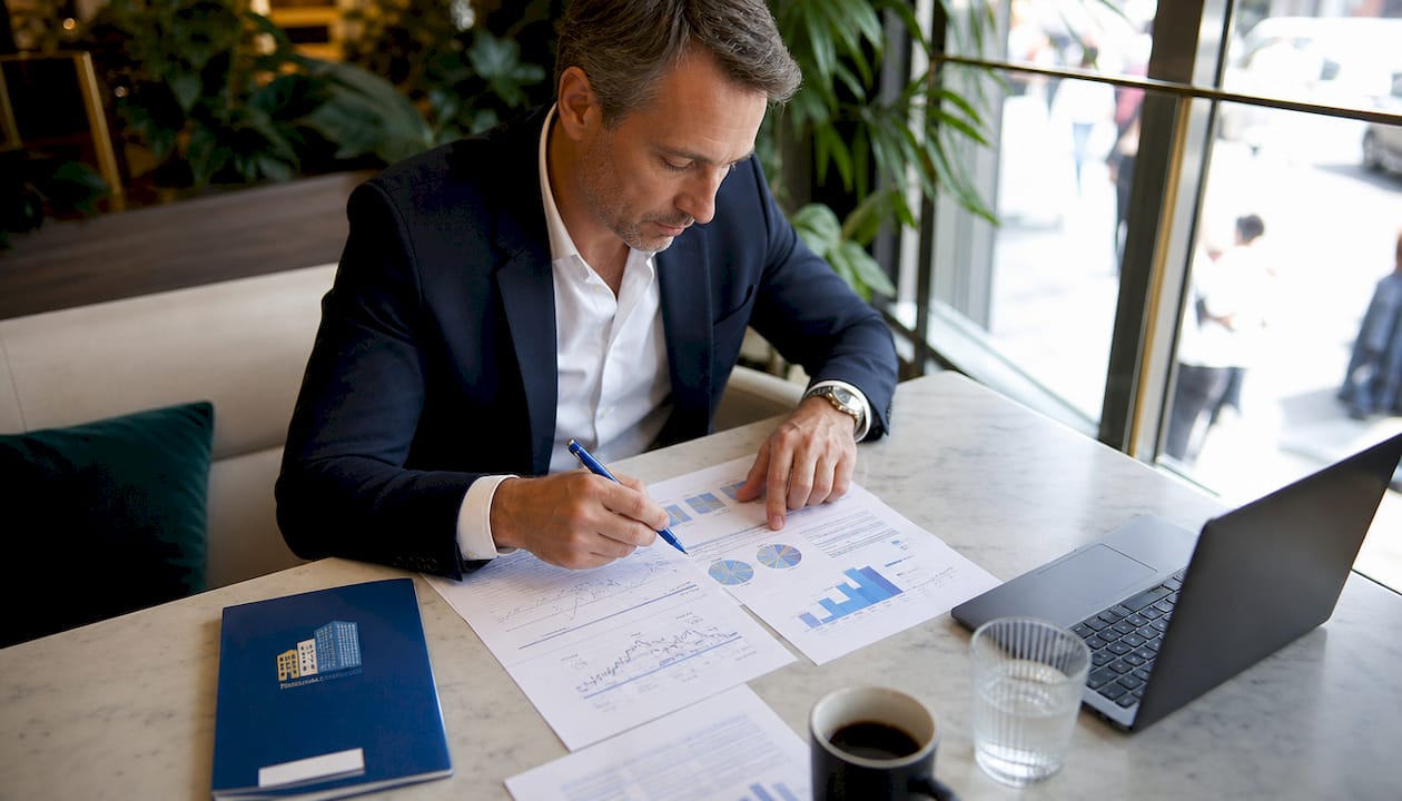 Un expert en immobilier passe en revue des dossiers financiers afin d’évaluer la rentabilité d’un projet.
