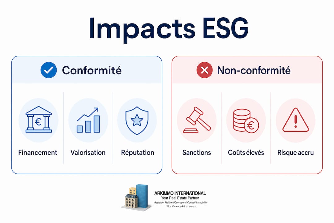 Infographie illustrant les conséquences de la conformité et de la non-conformité ESG dans le secteur immobilier