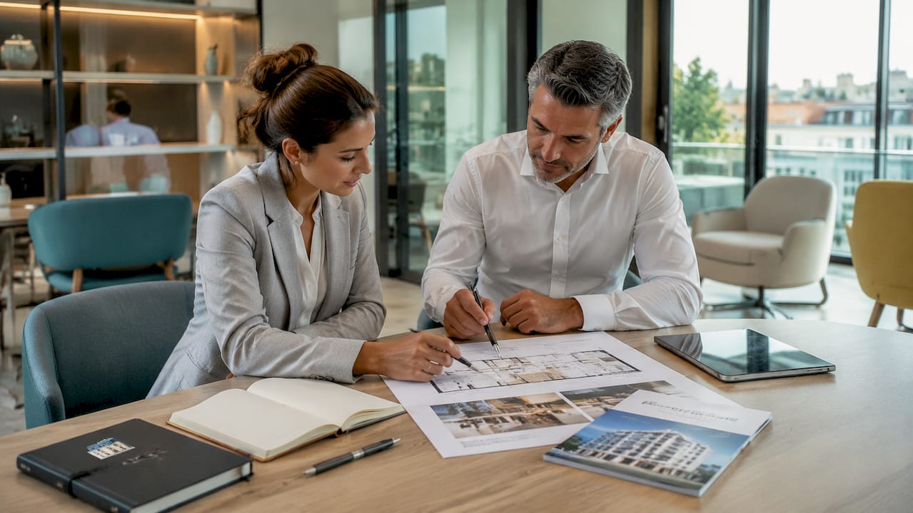 Des experts de l’immobilier analysent différentes stratégies de vente autour de dossiers et de documents spécialisés.
