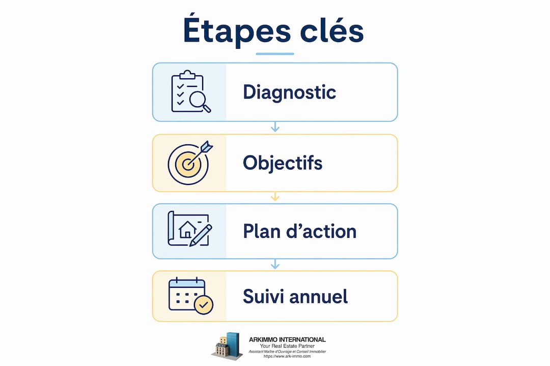 Schéma des grandes étapes pour élaborer une stratégie patrimoniale dédiée à l’immobilier tertiaire