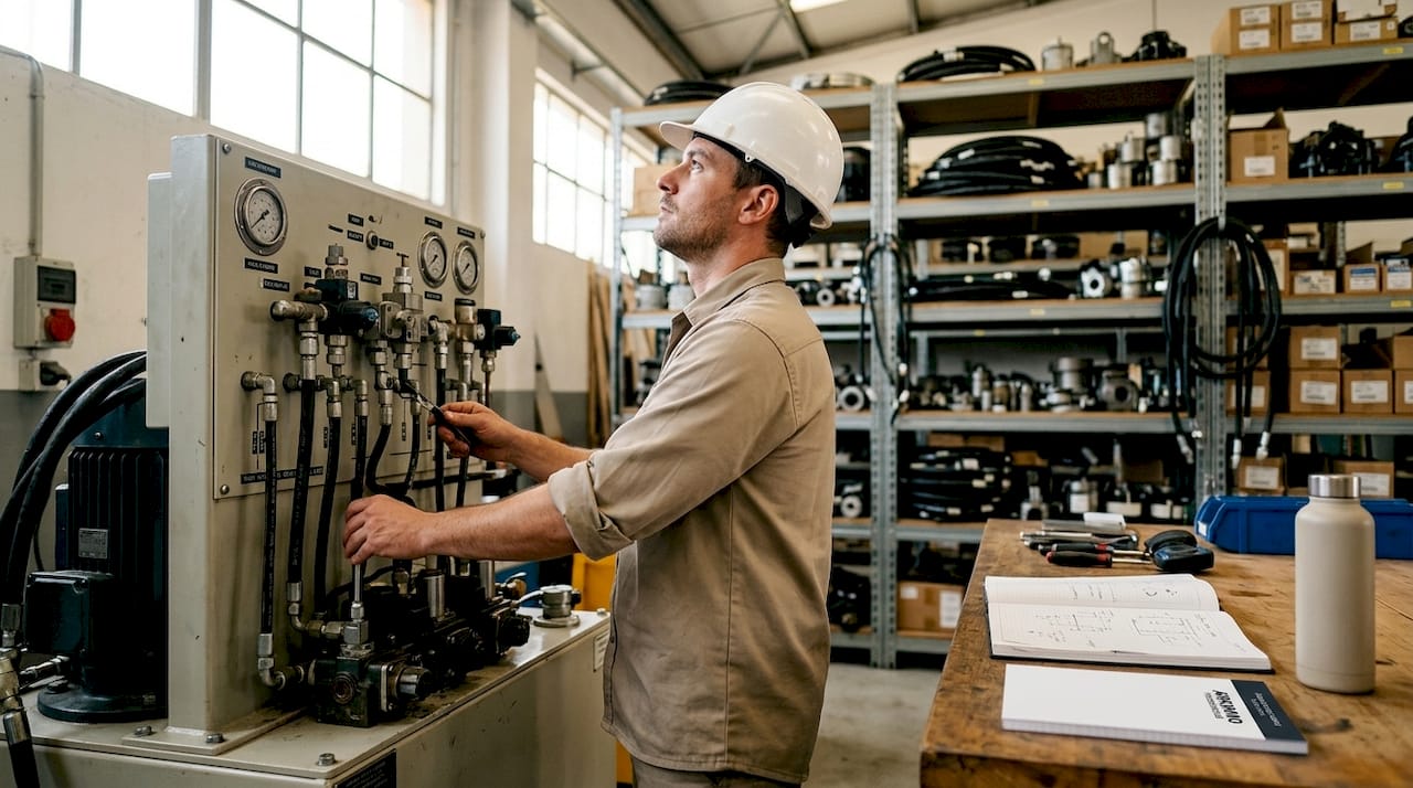 Un technicien procède à la vérification d’un tableau électrique dans l’atelier.
