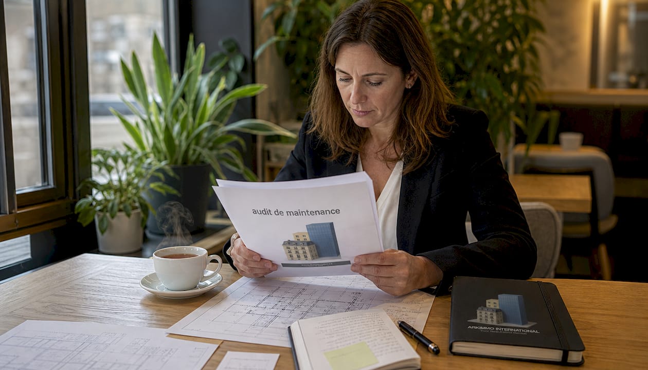 Une collaboratrice passe en revue un dossier d’audit de maintenance à son bureau.