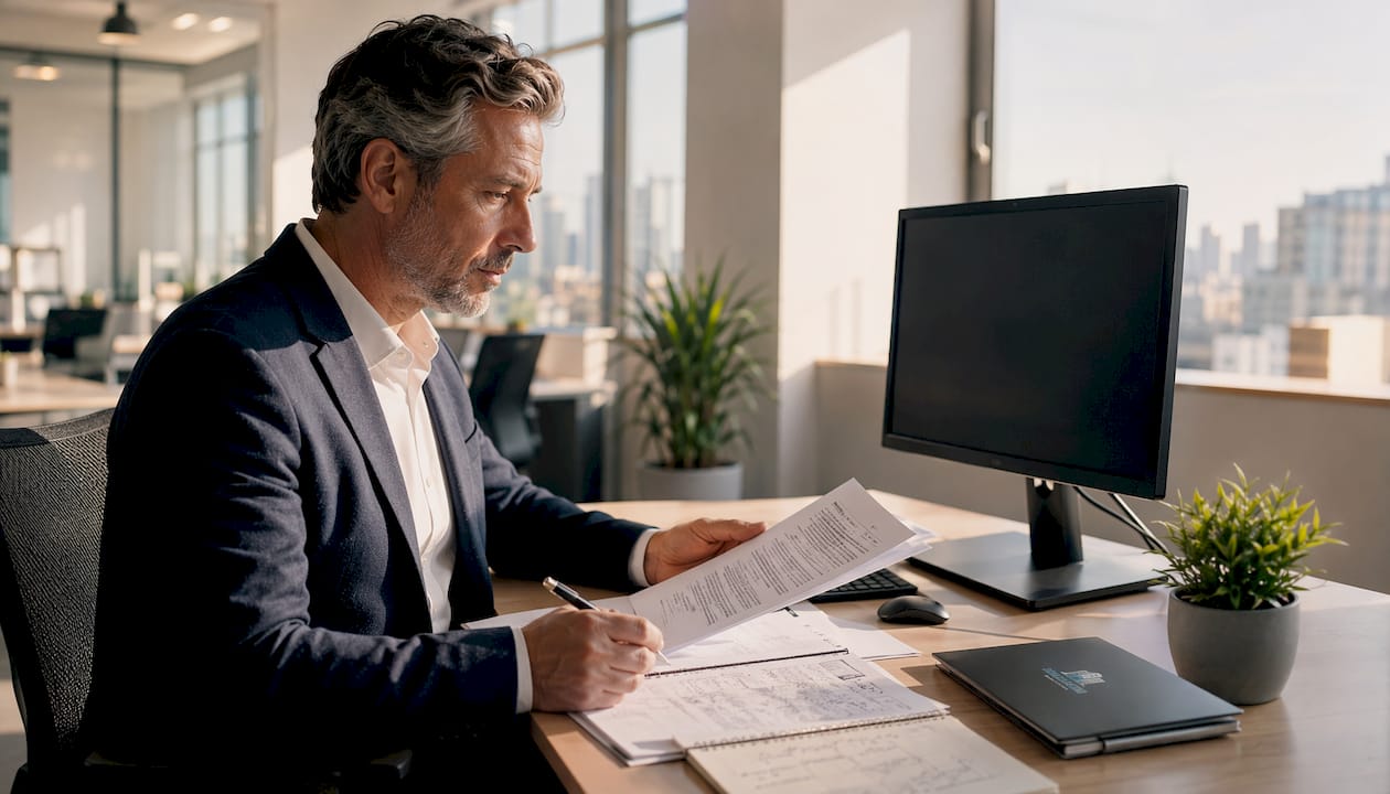 Un responsable passe en revue un contrat de maintenance à son bureau.