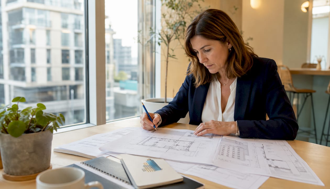Un consultant examine les plans d’un bâtiment dans son bureau.