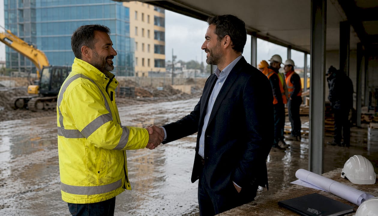 Poignée de main dans le bureau de chantier