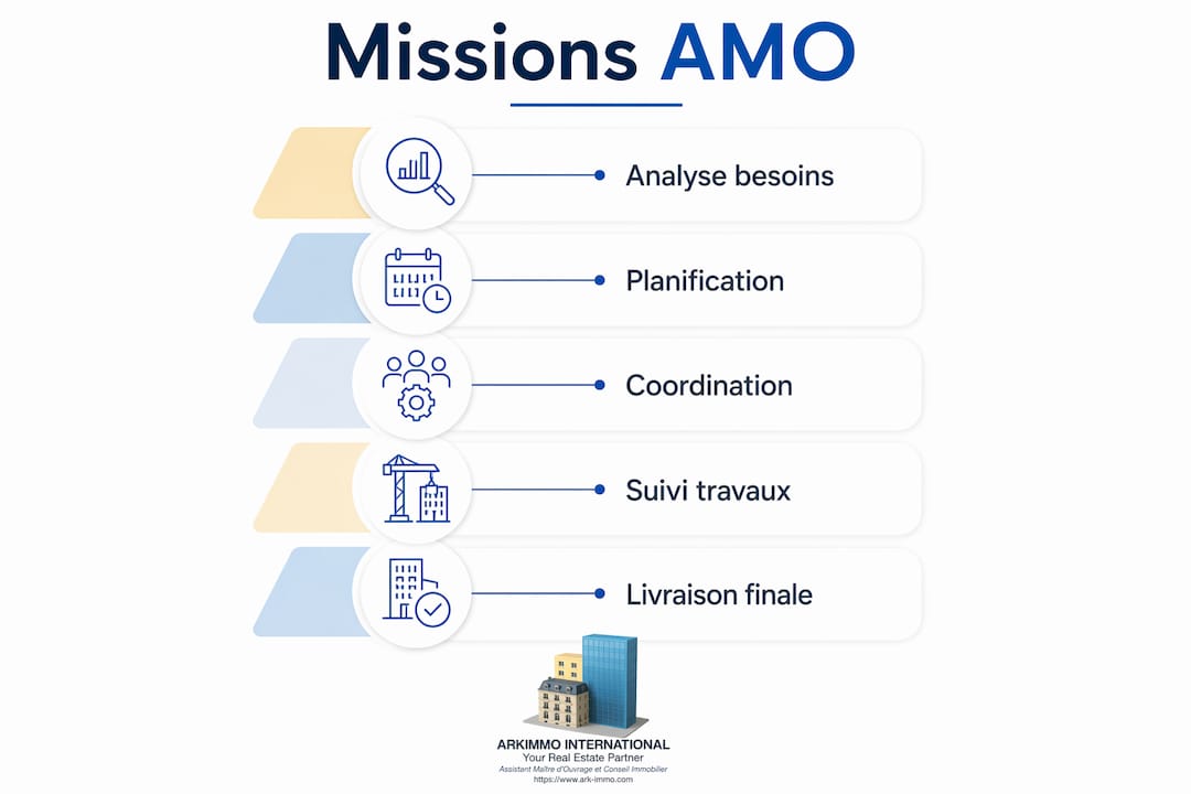 Infographie illustrant les principales missions d’un AMO, présentées étape par étape