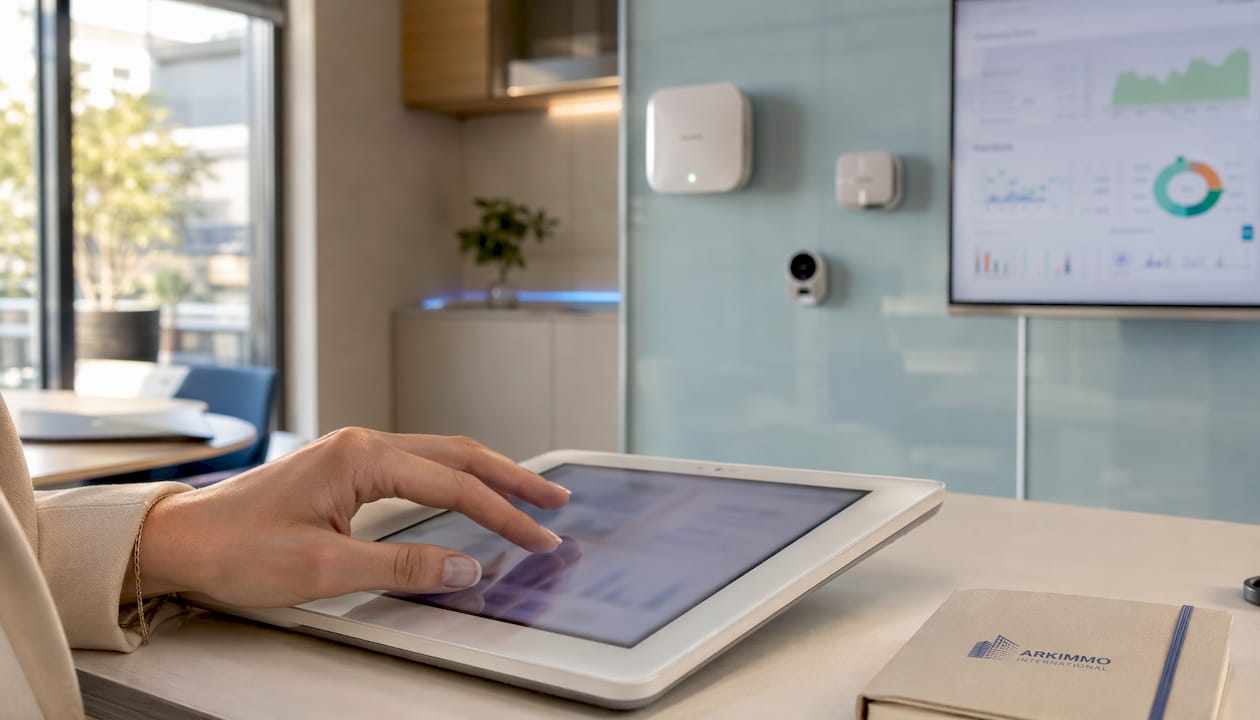 Une main utilise une tablette reliée à des capteurs connectés