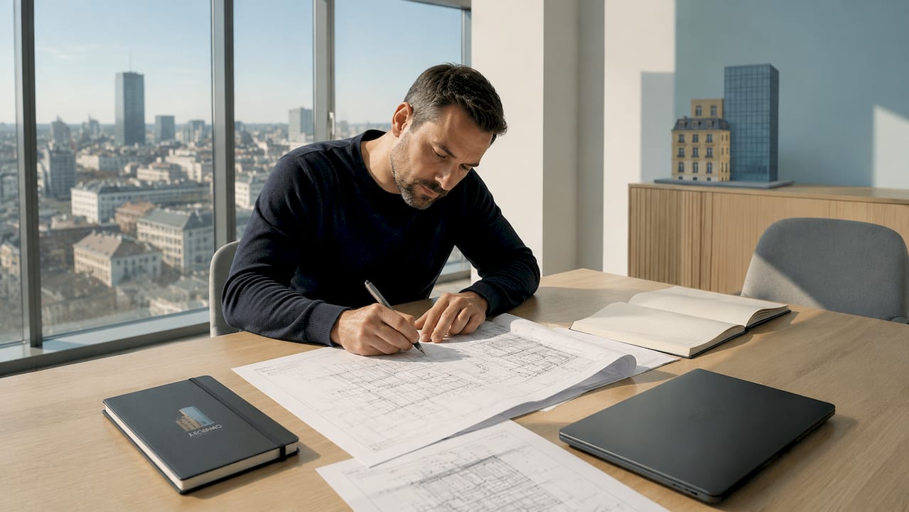 Un agent examine les plans de mise en service assis à son bureau.