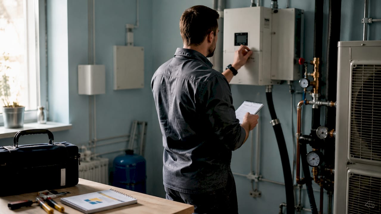 Des techniciens procèdent aux réglages des systèmes CVC lors de la mise en service.