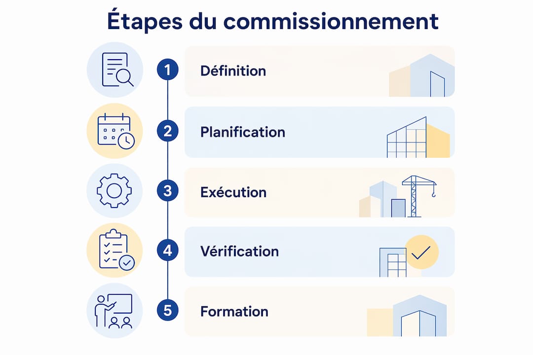 Découvrez, à travers cette infographie, les différentes étapes clés du processus de commissionnement d’un bâtiment.