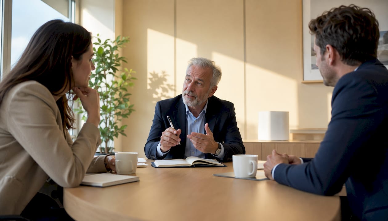 Un consultant accompagne ses clients dans un bureau lumineux, offrant conseils et expertise dans une ambiance professionnelle et conviviale.
