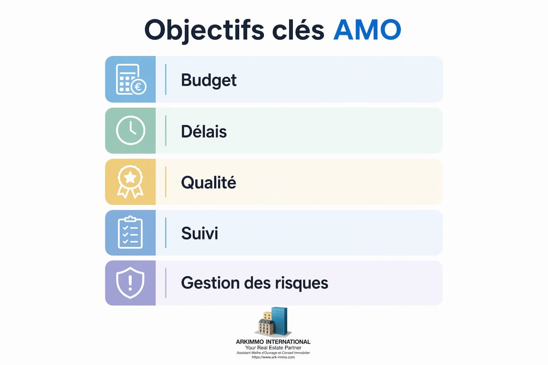 Présentation graphique des principaux objectifs d'une mission d'assistance à maîtrise d’ouvrage pour les travaux