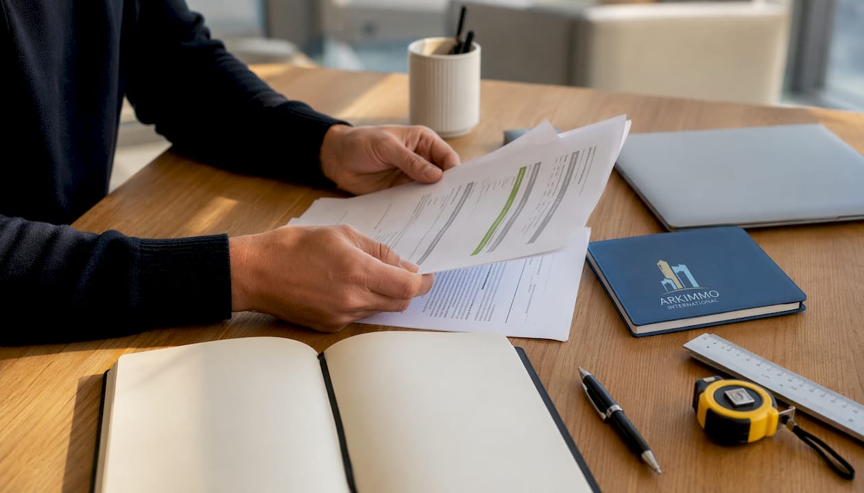 Un professionnel de l’immobilier passe en revue des contrats de maintenance avec attention.