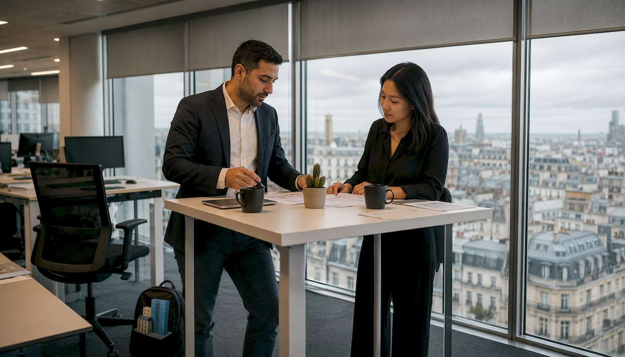 Des collaborateurs échangent autour de dossiers professionnels dans un cadre de travail.