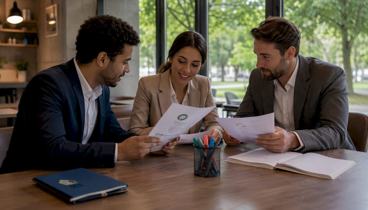 Des mains brandissant fièrement des certifications d’auditeur environnemental