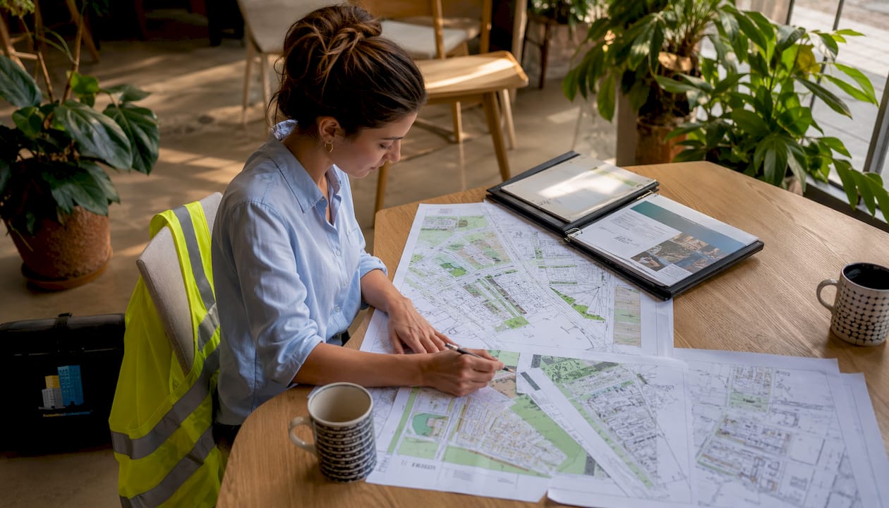 Un urbaniste en train d’examiner des dossiers d’aménagement urbain
