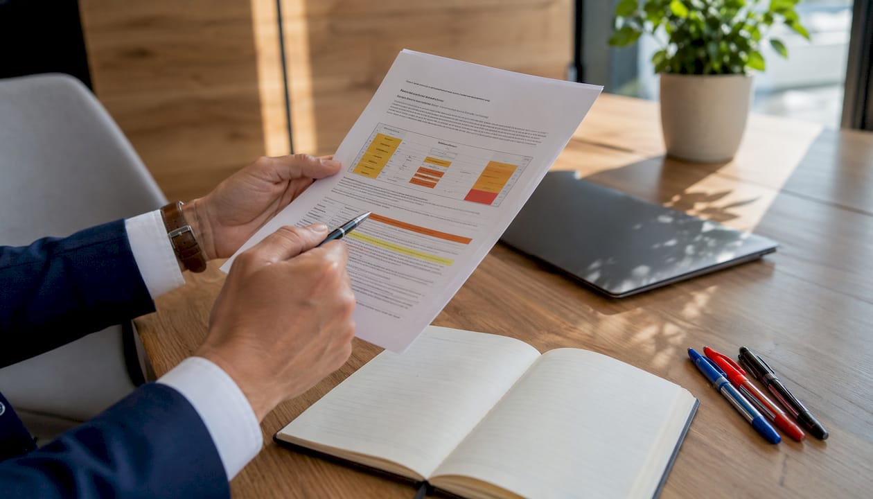 Des mains désignent précisément certains éléments clés d’un rapport de conformité.