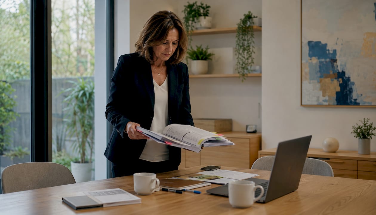 Un gestionnaire d’actifs en train d’examiner les dossiers de son portefeuille immobilier