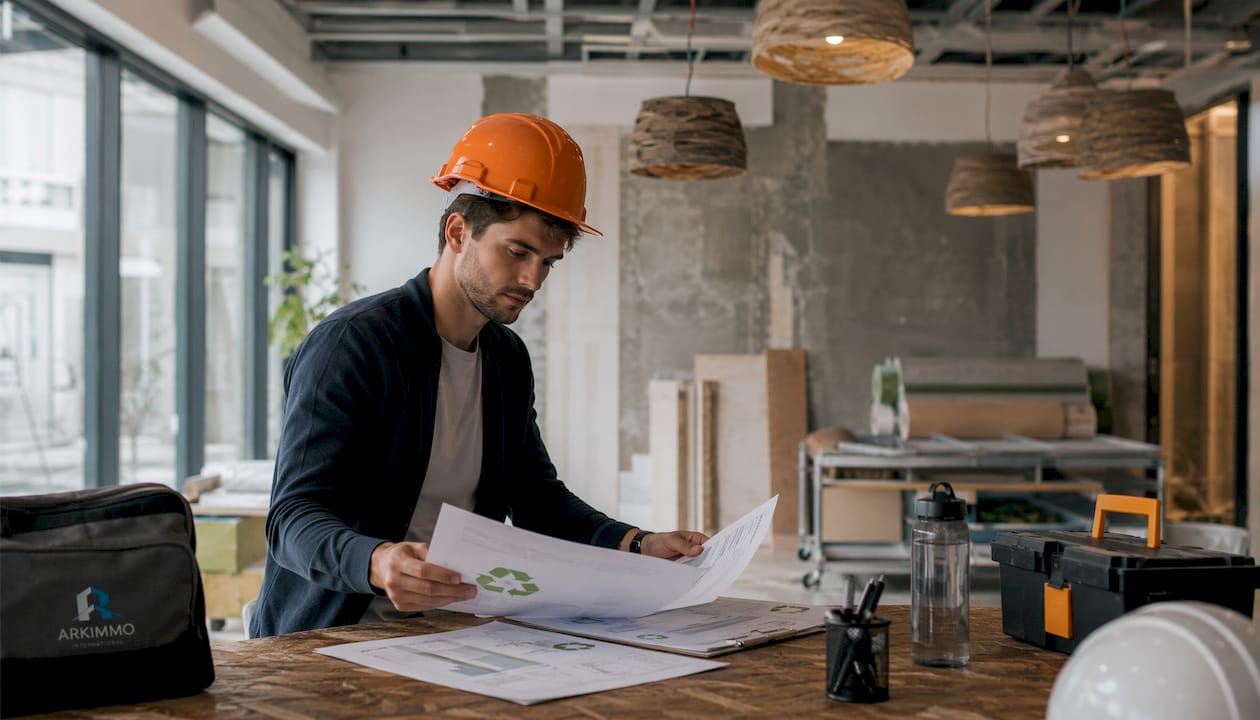 Un ingénieur se rend sur le chantier de rénovation des bureaux afin de vérifier la conformité des travaux et délivrer l'attestation nécessaire.