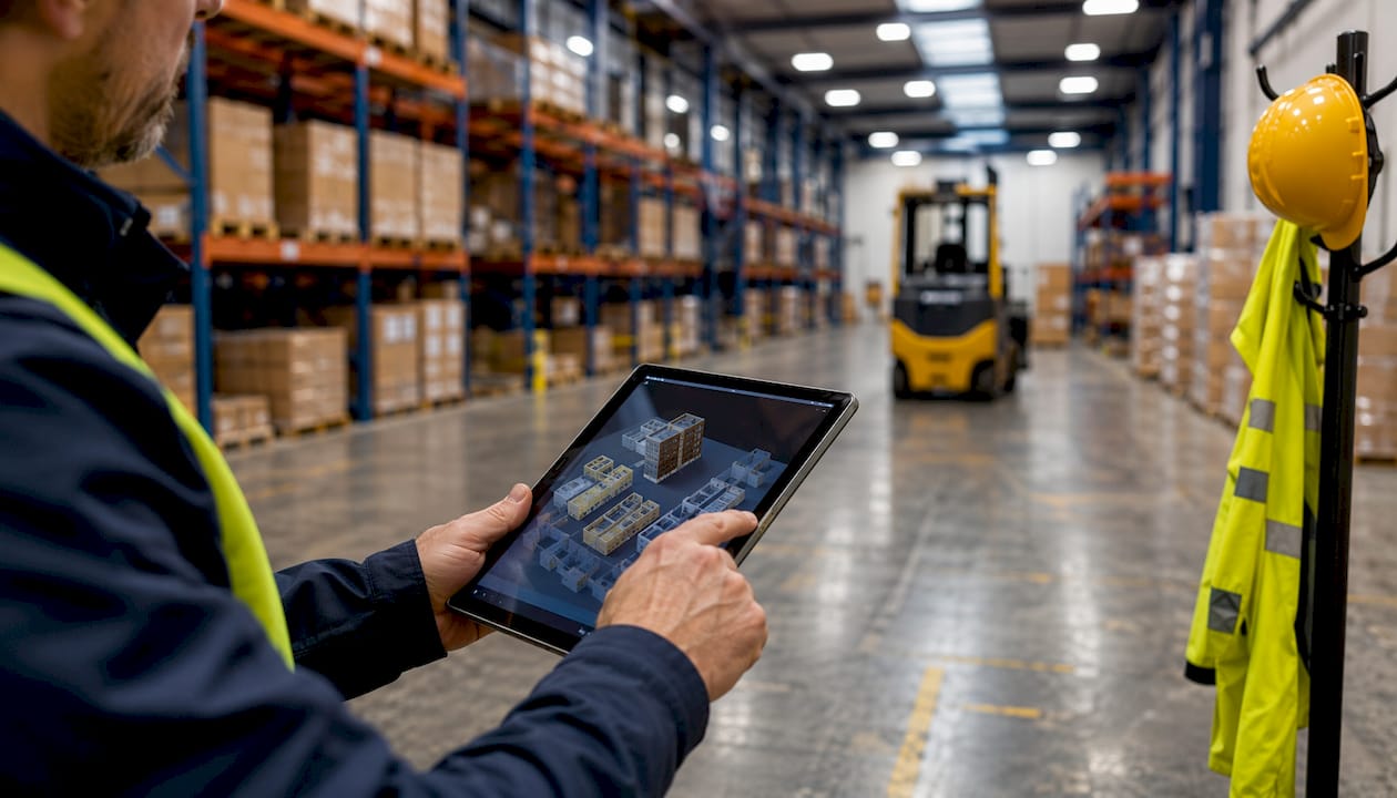 Un responsable logistique examine l’organisation de l’entrepôt à l’aide de sa tablette.