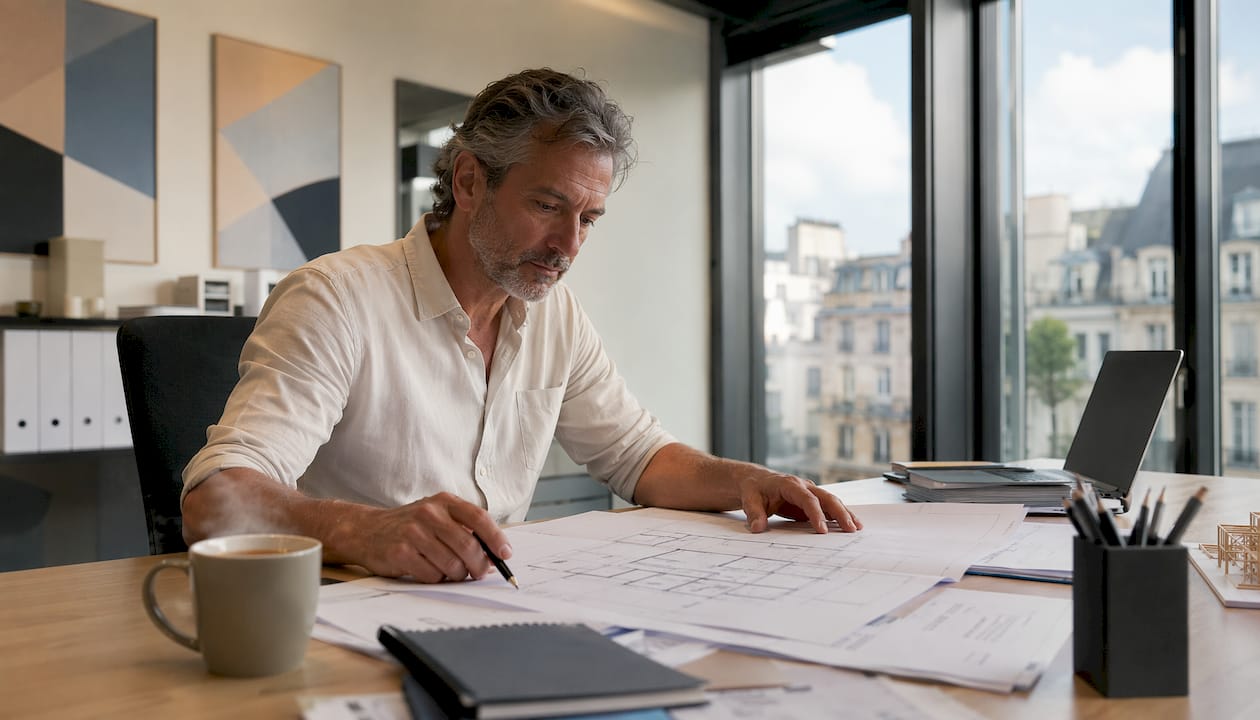 Un architecte en train d’analyser les rapports d’audit d’un bâtiment