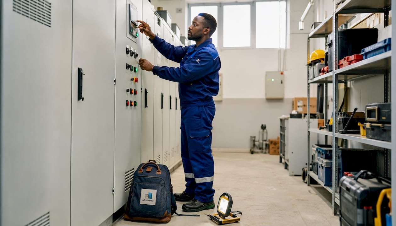 Intervention d’un technicien spécialisé dans la maintenance des systèmes connectés de gestion technique du bâtiment (GTB).