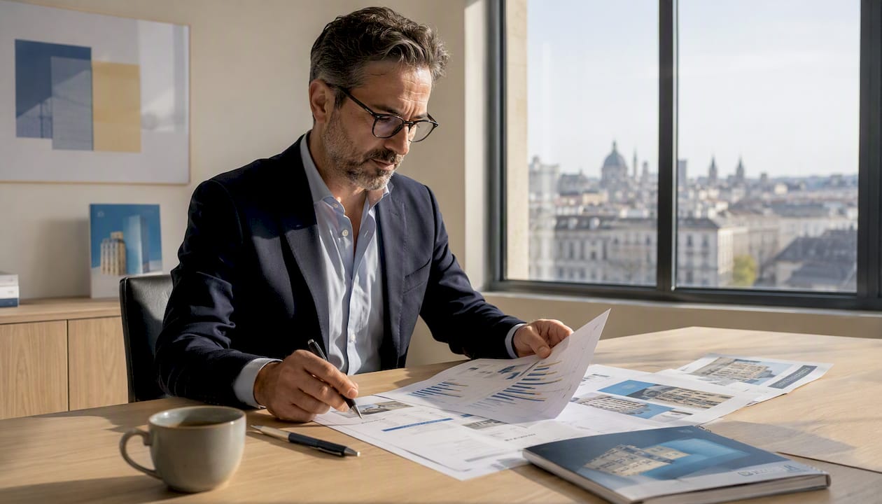 Un gestionnaire d’actifs en train d’examiner des dossiers immobiliers